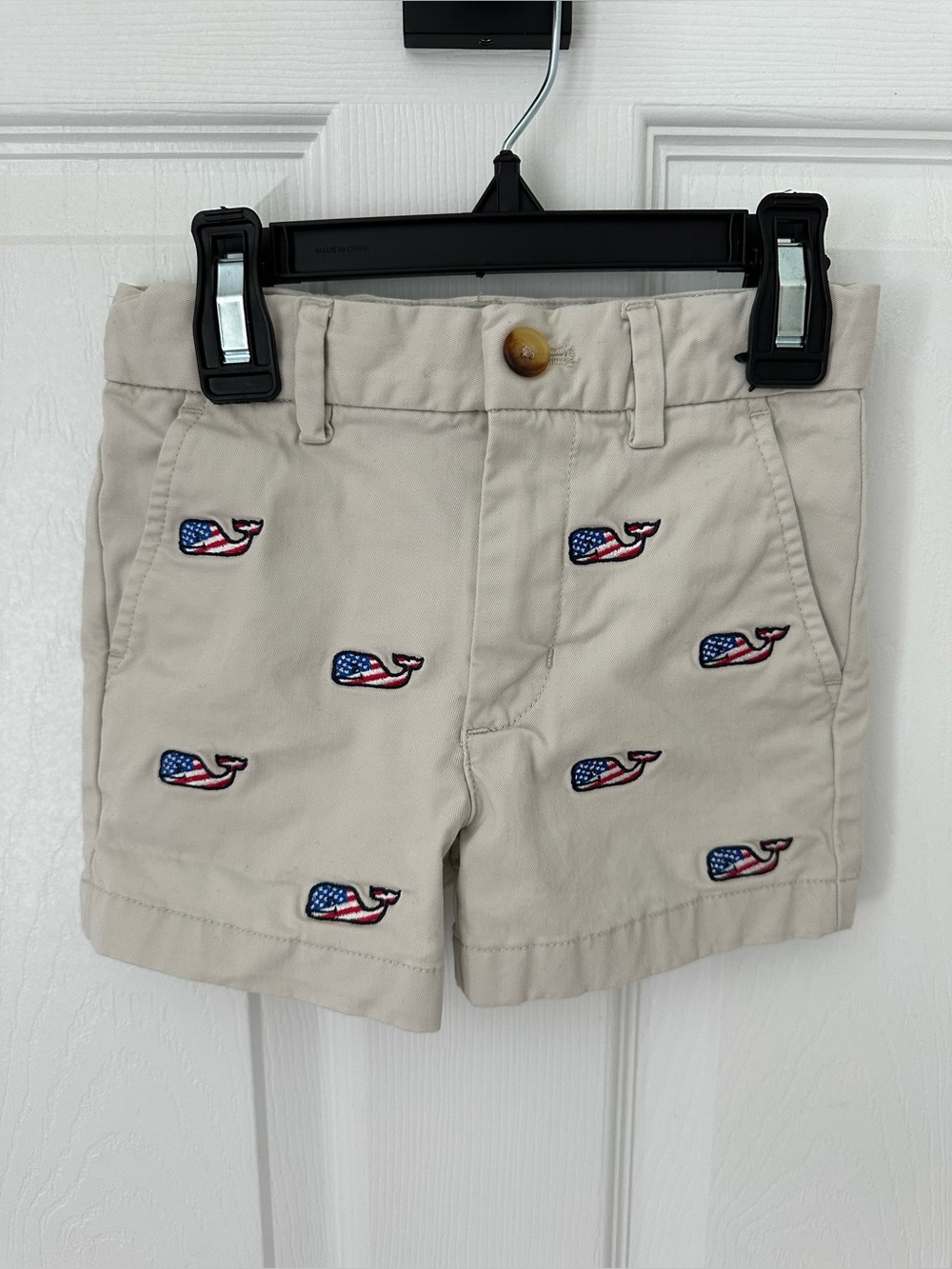 Vineyard Vines 2T Khaki Shorts with American-Flag Whale Embroidery